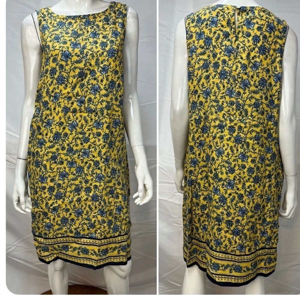 J Jill Love Linen M Yellow Blue Floral Vine Print Pockets Shift Tank Dress